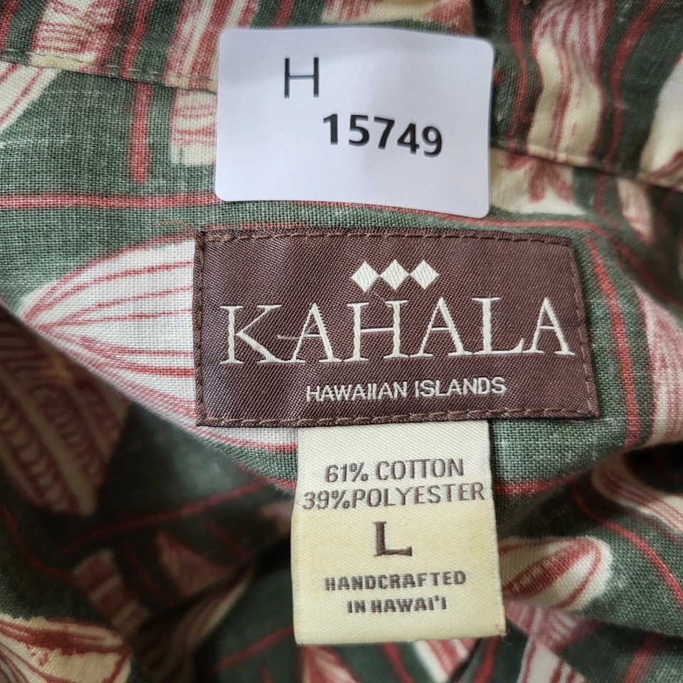 VINTAGE Kahala Men Button Up Shirt L Green Beige Brown Geometric Hawaiian - Image 2 of 4