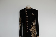 MENS GROOMS ASIAN SHERWANI BLACK GOLD BOMBAY STORES VELVET LUXURY MATCHING SHOES