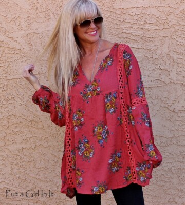 New VELZERA PLUS SIZE Womens RUST FLORAL BOHO GYPSY LACE BABYDOLL SHIRT TUNIC 2X