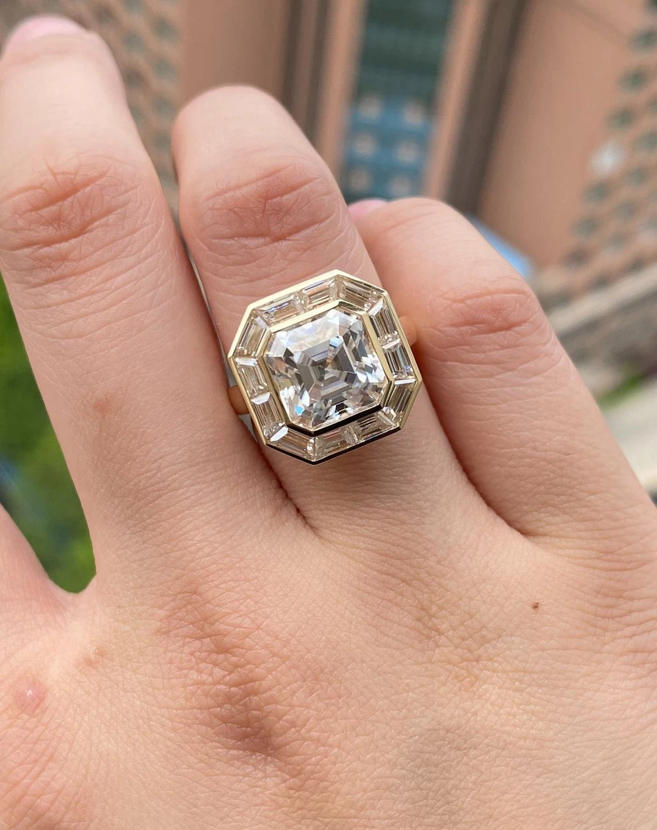 Asscher Cut Halo Engagement Ring Bezel Set Moissanite Silver Rings
