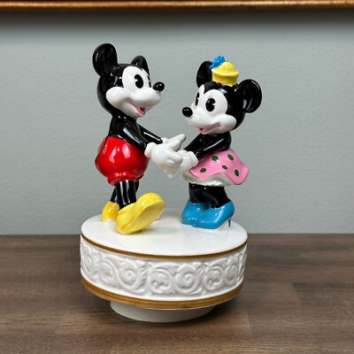 Vtg Walt Disney Mickey + Minnie Mouse Wind-Up Spinning Music Box Ceramic Schmid