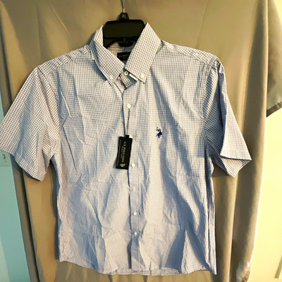U.S. Polo Assn. Men's L Regular Check Blue/White Short Slv Button-Down Shirt #41