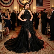Stunning Black Gothic Wedding Dress Halter Neck Backless Sweep Train Bridal Gown