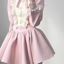 Preppy Party Short Dress: Pink Lace, Bow, Collared Neck, Puff Long Sleeves