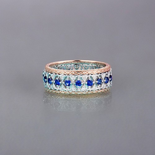 Two-Tone Sterling Silver Lattice Women Ring with Blue Sapphire Gemstone