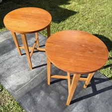 Vintage Wooden Coffee Side Tables Round Folding Plant Stand Danish Scandi Style