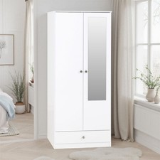 2 Door Wardrobe with Mirror and Drawer, Double Wardrobe White Gloss Hanging Rail