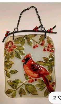 hand painted glass cardinal red bird & red berries suncatcher, holiday wall art