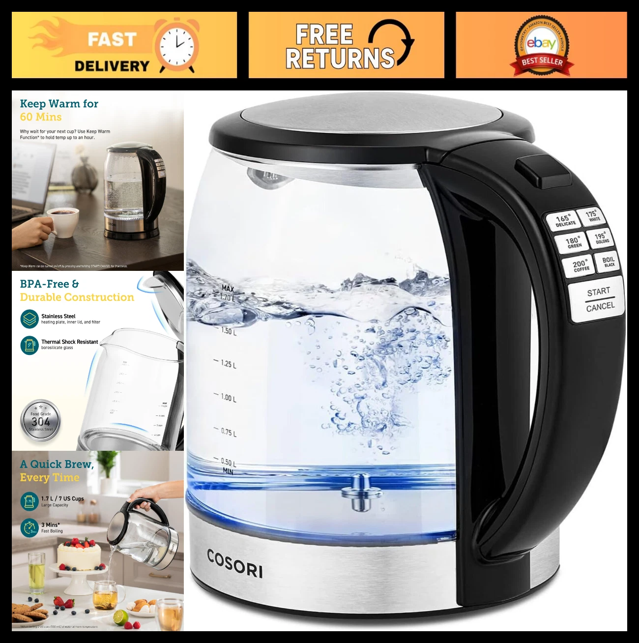Electric Kettle with Temperature Control, 6 Presets, 1.7L, Auto-Off, BPA Free, B