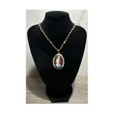 Frida Kahlo Crystal Gold Tone Pendant Cable Chain Necklace Adjustable 