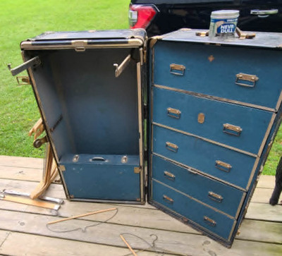 Vintage Hartmann Gibraltarized Wardrobe Trunk w/ Drawers, Iron, Board, Doc. case