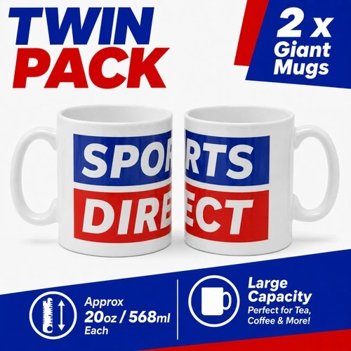 Sports Direct Giant Mugs Twin Pack 2 x 20oz Large Tea Coffee Cups White Logo Set