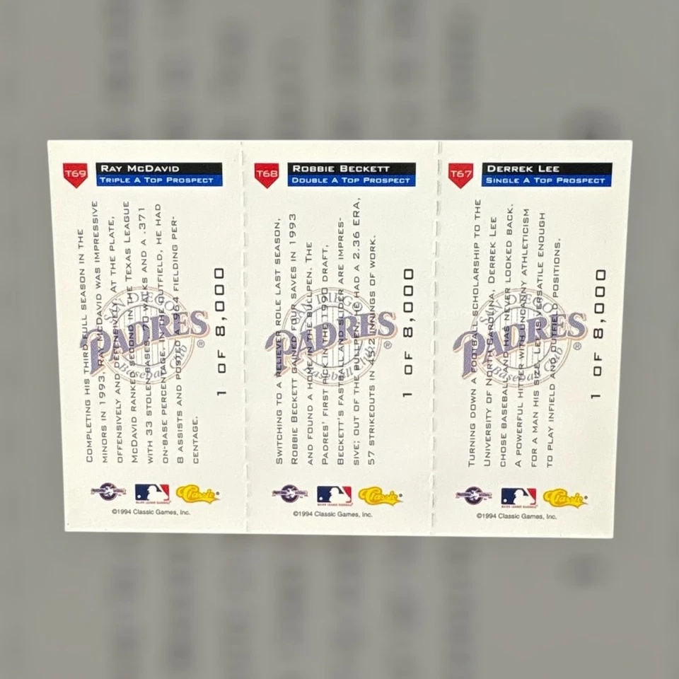 Derrek Lee Ray McDavid Robbie Beckett 1994 Classic Triple A Top Prospects - Image 2 of 2