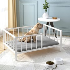 Dog Bed with Rails - Elevated Pet Metal Bed Frame with Solid Wood Board and W...