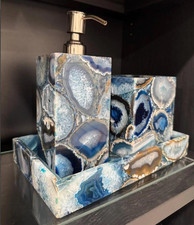 Handmade Blue Agate Bathroom Accessory Set: Luxury Vanity Decor Set of 3 Pieces