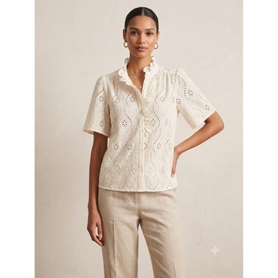 Sezane Chemise Dalhia Ecru Eyelet Ruffle Collar Blouse US 8 FR 40