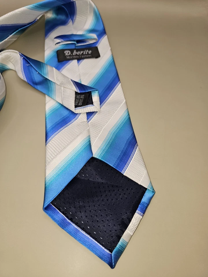 Corbata formal de moda D Berite para hombre Morden azul blanco a rayas 58 x 3,5 pulgadas Foto 3 de 4
