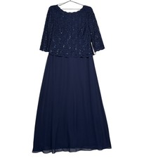 NWT Alex Evenings Womens Gown 16 Navy Blue Lace Sequin 3/4 Sleeve Formal Dress