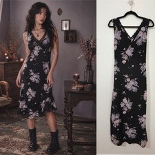 Vtg 90s Knapp Studio Whimsigoth Black Floral Lace Trim Slip Maxi Dress Women L