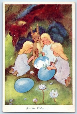 c1930's Easter Children Painting Eggs With Bunny Flowers Art Vintage Postcard