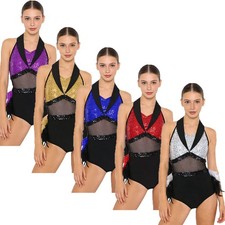 Womens Jumpsuit Nightclub Bodysuit Cutout Leotard Sleeveless Shiny Rumba Dance