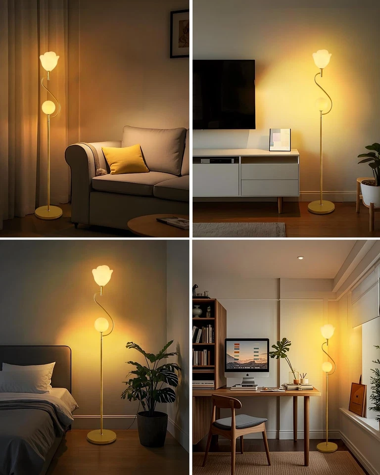 Lámpara de pie dorada, lámparas de pie de mediados de siglo con 1 globo y 1 flor suave cálida... Foto 2 de 4