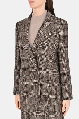 NWT$5695 Brunello Cucinelli Women Alpaca Plaid DB Blazer Jacket W/Beading46 W242