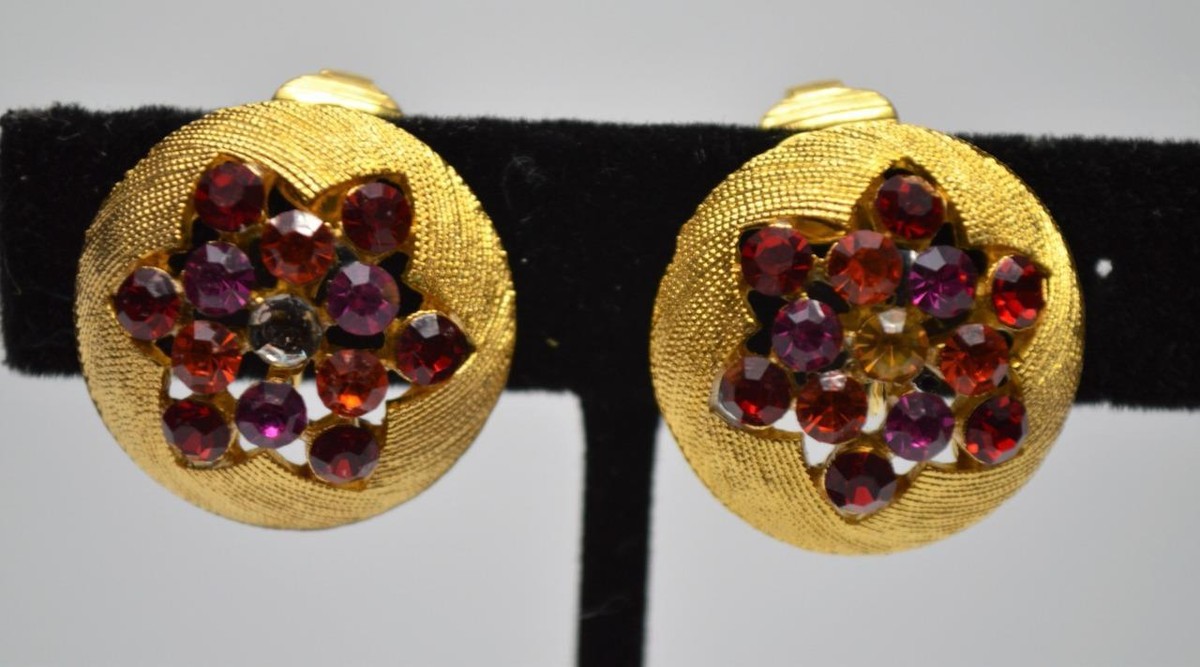 Boucles D'oreilles Vintage Les Roses Pourpres – Clips Dorés, Pendantes, Occasion