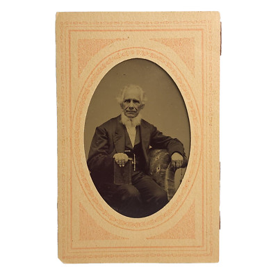 Antique Tintype Photograph Victorian Man Chin Curtain Beard Bible Paper Sleeve