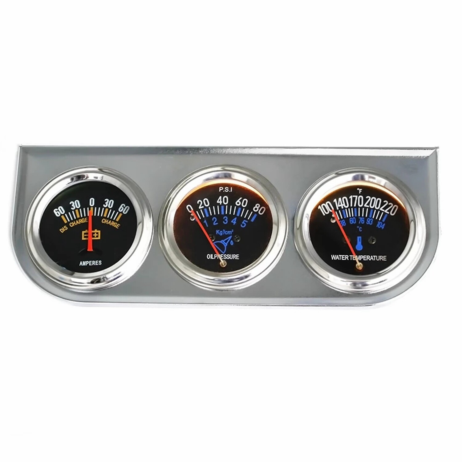 Silver Triple Gauge Set Water Temp Oil Pressure AMP Meter Mechanical 2'' 52mm US