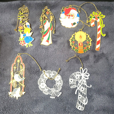 Lot 8 Tamerlane Christmas Ornaments 6 Color Enamel on Metal + 2 White Winterlace