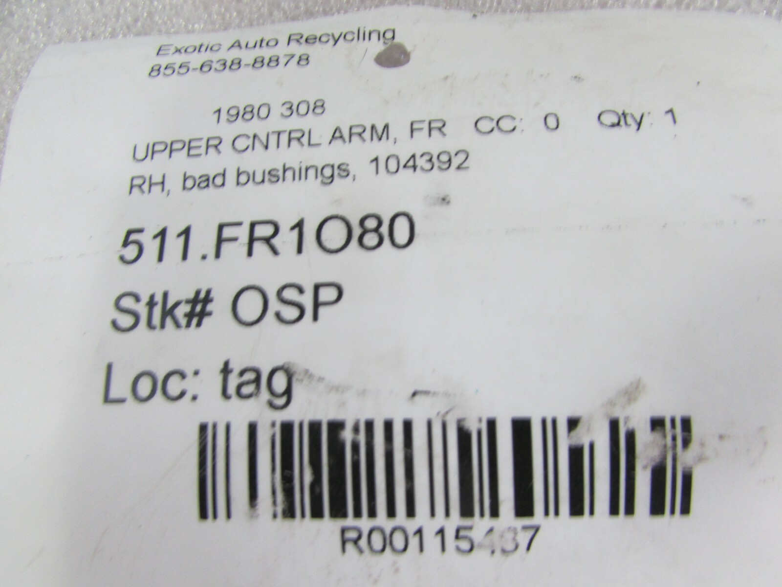 Ferrari 308, RH, Right Front Upper Control Arm, Used P/N 104392