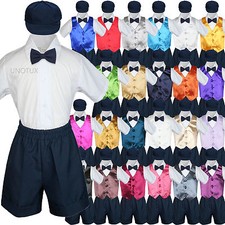 5pcs Boys Toddler Formal Satin Vest Suit Navy Blue Shorts Bow Tie  Hat Set