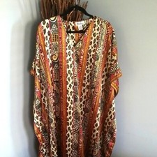 WINLAR Women's Caftan House Dress Robe in Cream, Burgundy and Black-NWOT