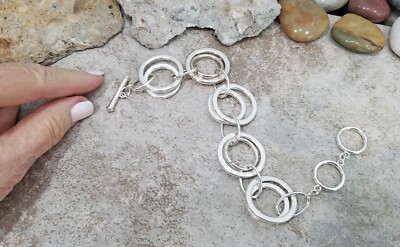 New! Chunky Silver Tone Double Loop Flat Cable Chain Link Toggle & Hoop Bracelet