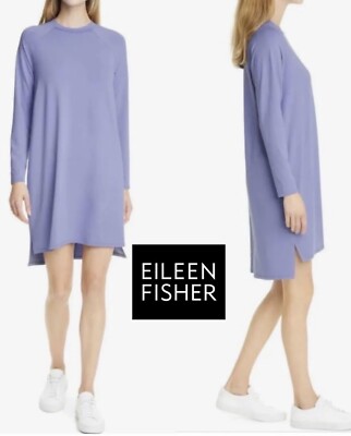 NEW Eileen Fisher Hydra Crew Neck Dress Periwinkle Blue Long Sleeve Size L