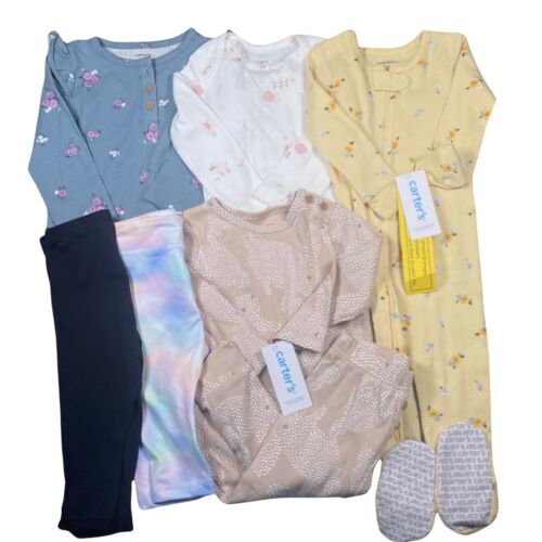 Girls 7pc Lot Size 12M NWT Carters Long Sleeve Bodysuits Pajamas Pants