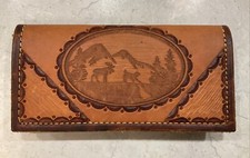 Hand Tooled Western Brown Leather Checkbook Cover Mountains Moose Dog Trees