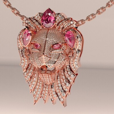 4Ct Round Cut Moissanite Men's King Of Jungle Lion Pendant 14K Rose Gold Plated