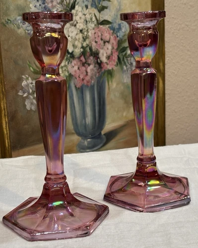 Vintage Fenton Iridescent Glass Tall Candlesticks Pair Candle Holder Pink 8.5"