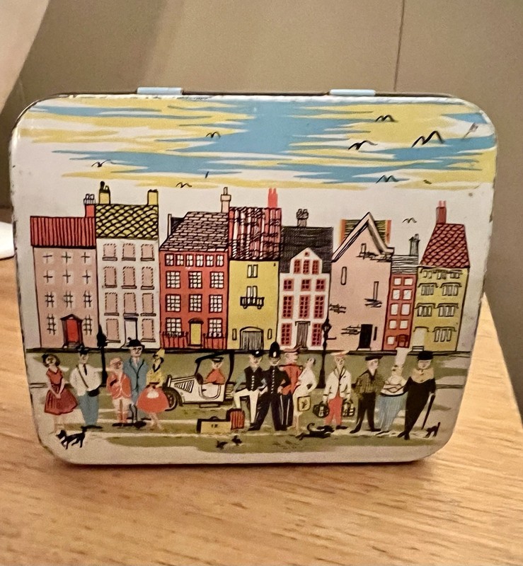 RARE Antique George Horner Candy Tin City Scene People Dogs Row Houses Excellent