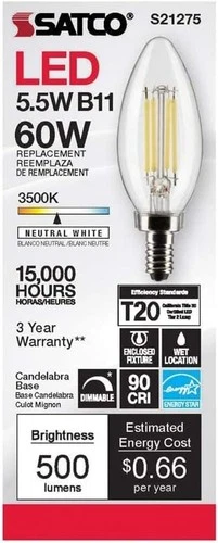 Satco 5.5W LED B11 Clear , 3500K, [Pack of 6] - Picture 4 of 5