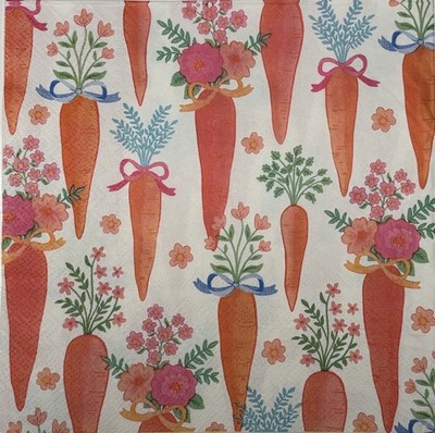 two Individual Easter Luncheon Paper napkins Carrots Flowers Decoupage Spring