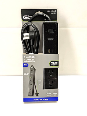 Commercial Electric 6 ft Surge Protector 4-Outlet USB-A USB-C PowerStrip Black
