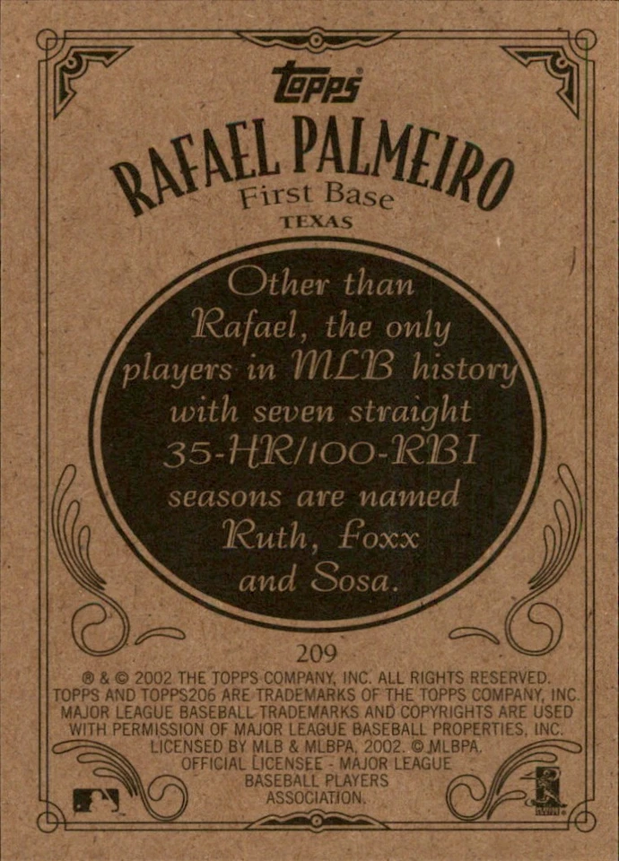 Rafael Palmeiro 2002 Topps 206 #209 Texas Rangers FREE SHIPPING AutographDen - Image 2 of 2
