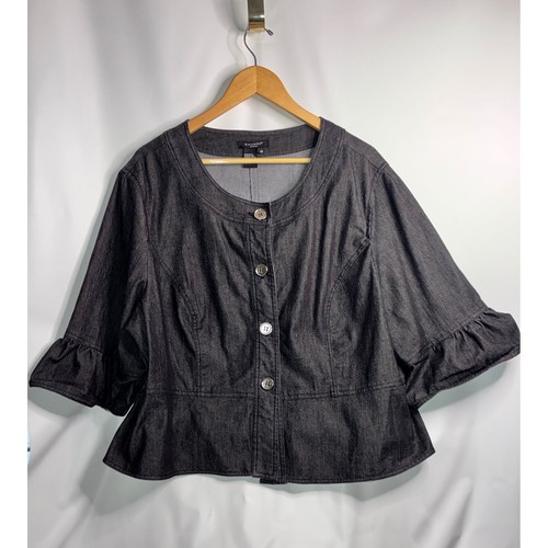 Sandro, Sandro Swing Jacket 2X Women Cotton Black Ruffle Peplum Denim Effect Coat Button