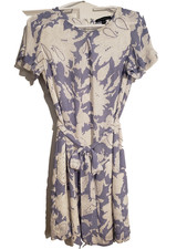 Loft Dress White Purple Silky Short  Sleeves Belted Back Zipped Size XS