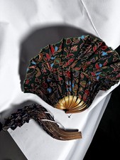Vintage Indonesian Batik Style Folding Hat Fan Pair - curved bamboo