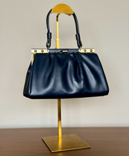 Vintage Navy Blue Vinyl Top Handle Handbag Gold Tone Frame Clasp Purse