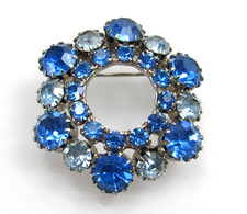 Vintage Blue Rhinestone Brooch Circle Wreath BEAUTIFUL STUNNING